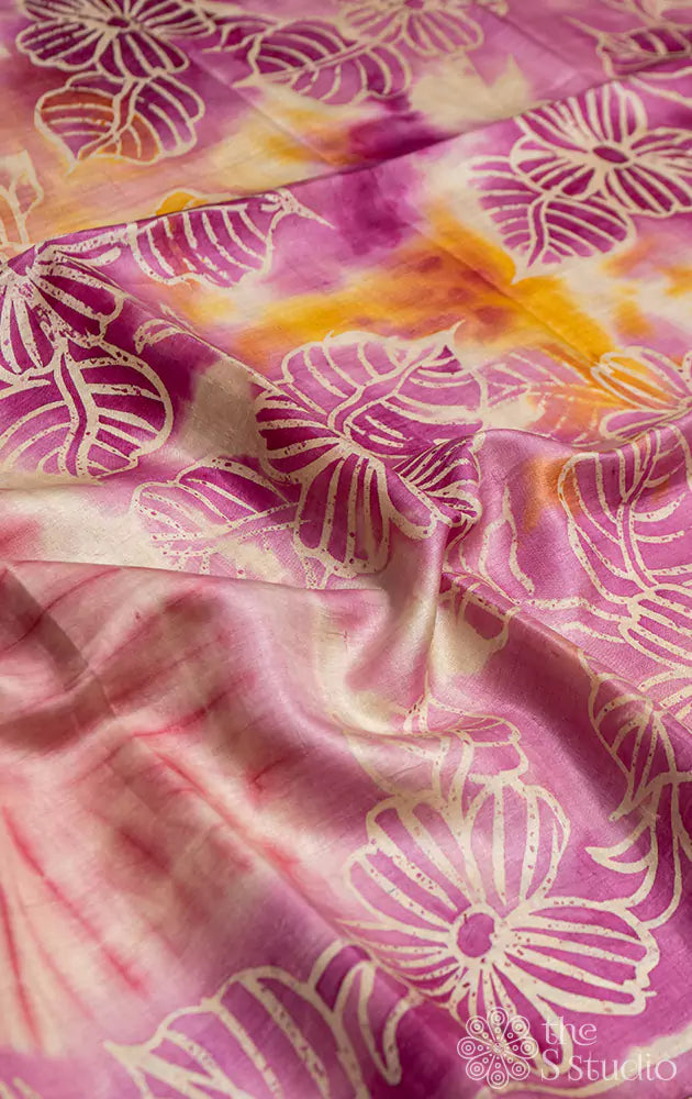 Pink batik and floral print tussar saree