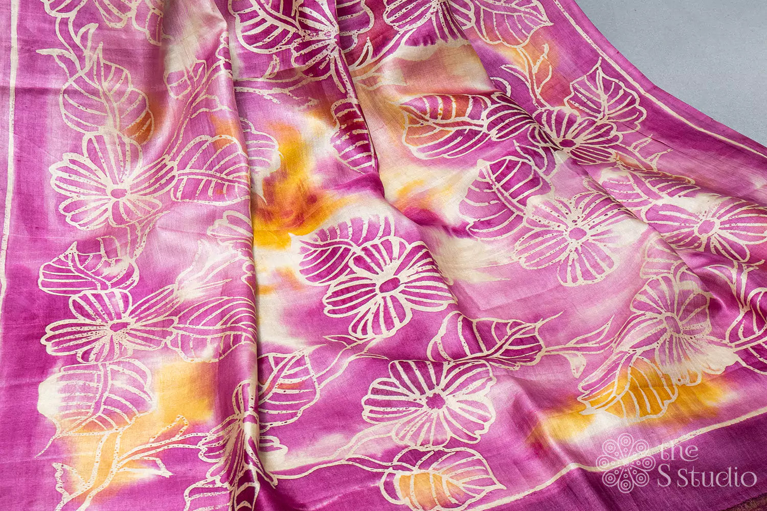 Pink batik and floral print tussar saree