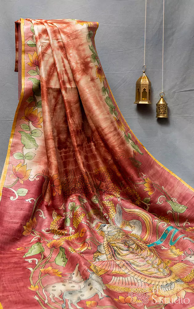 Rust batik and floral print tussar saree