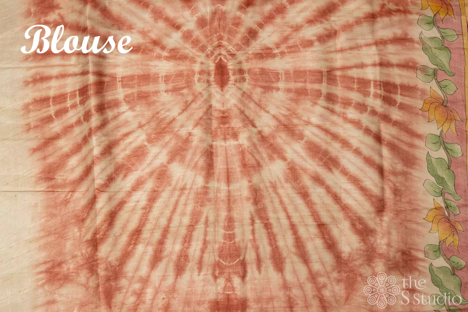 Rust batik and floral print tussar saree