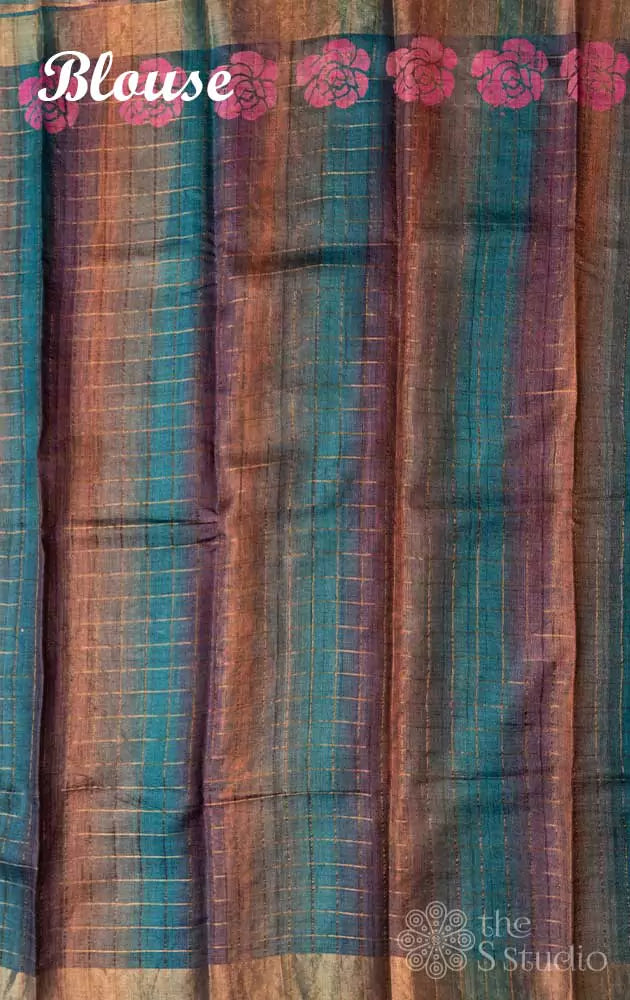 Pink zari checked tussar saree with floral prints