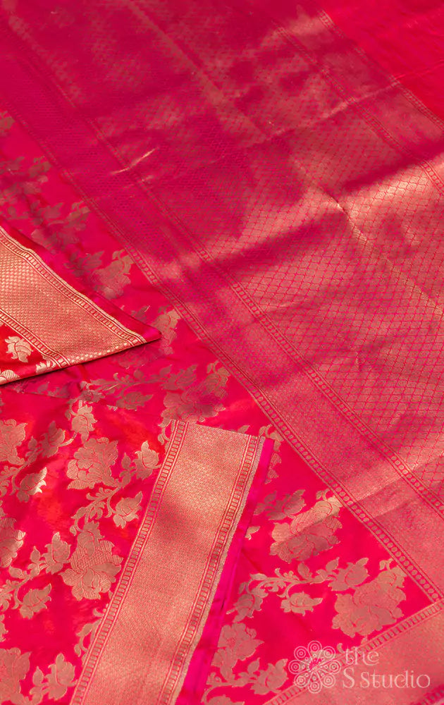 Bright rose silver zari woven banarasi saree