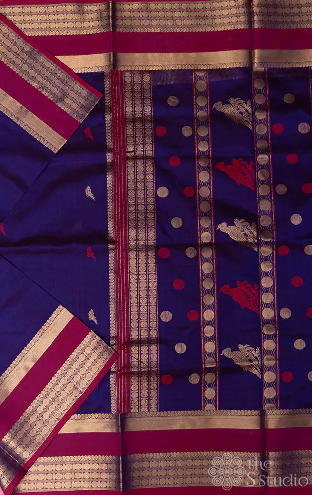 Violet silk cotton saree with zari rich rani pink border