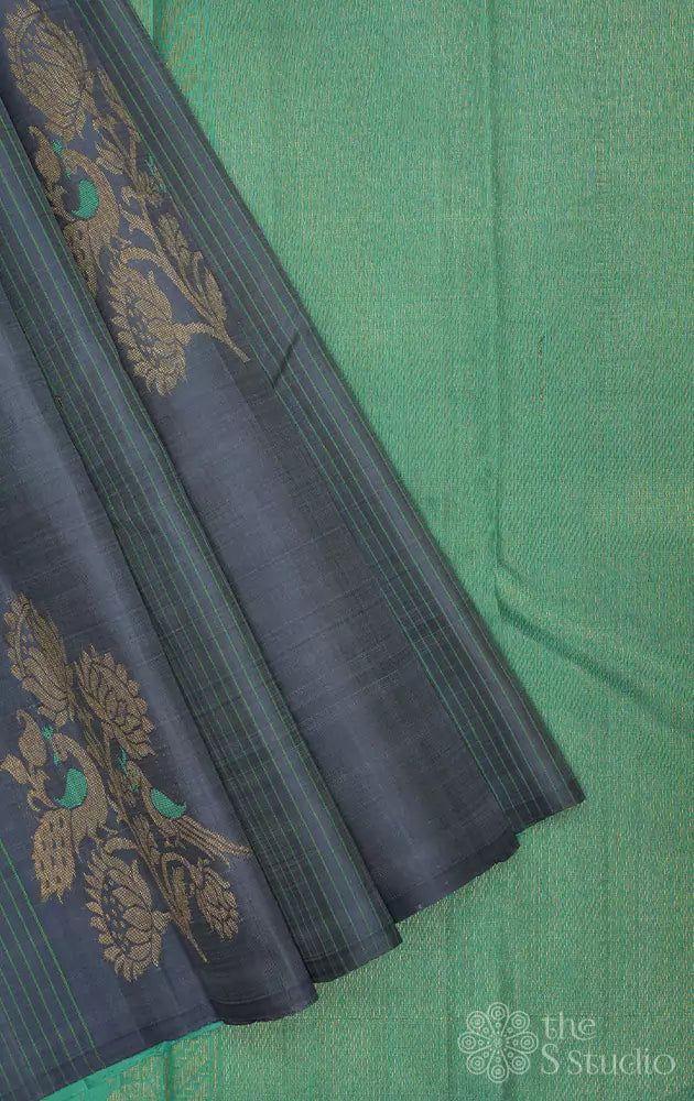 Grey kanchi silk saree with zari woven bird motifs