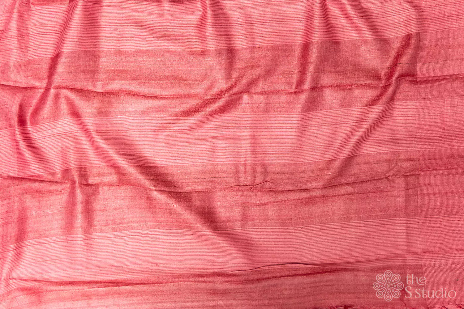 Blue printed tussar silk saree with pink border