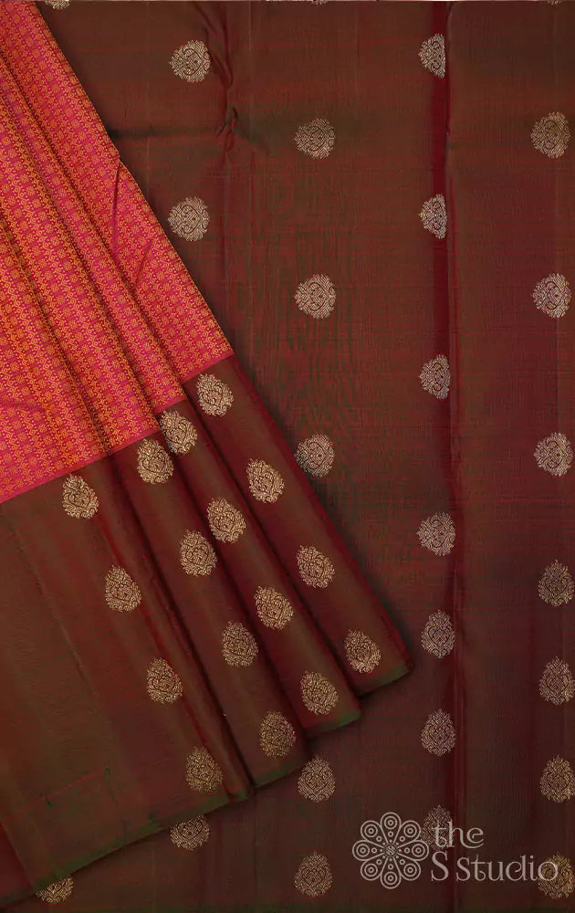 Pinkish red kanchipuram silk saree with manthulir green border