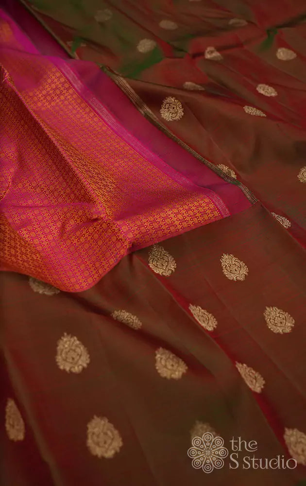 Pinkish red kanchipuram silk saree with manthulir green border