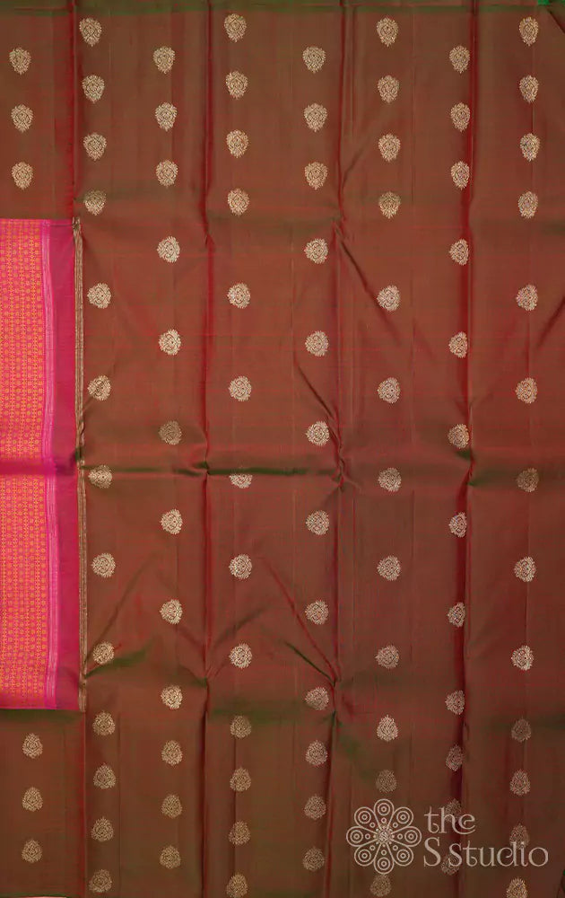 Pinkish red kanchipuram silk saree with manthulir green border