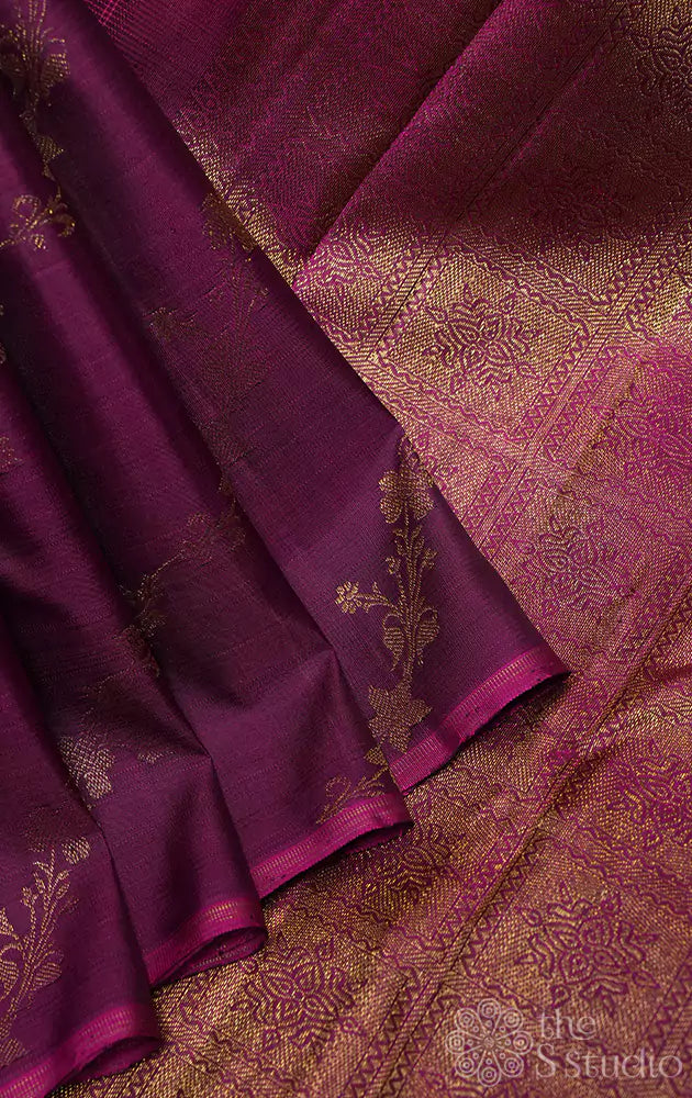 Purple with zari floral veins kanjivaram saree with contrast pink pallu