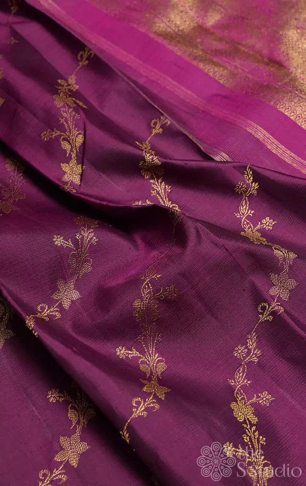 Purple with zari floral veins kanjivaram saree with contrast pink pallu