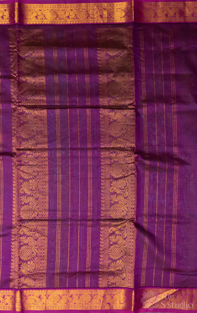Pale green silk cotton ten yards saree with purple pallu