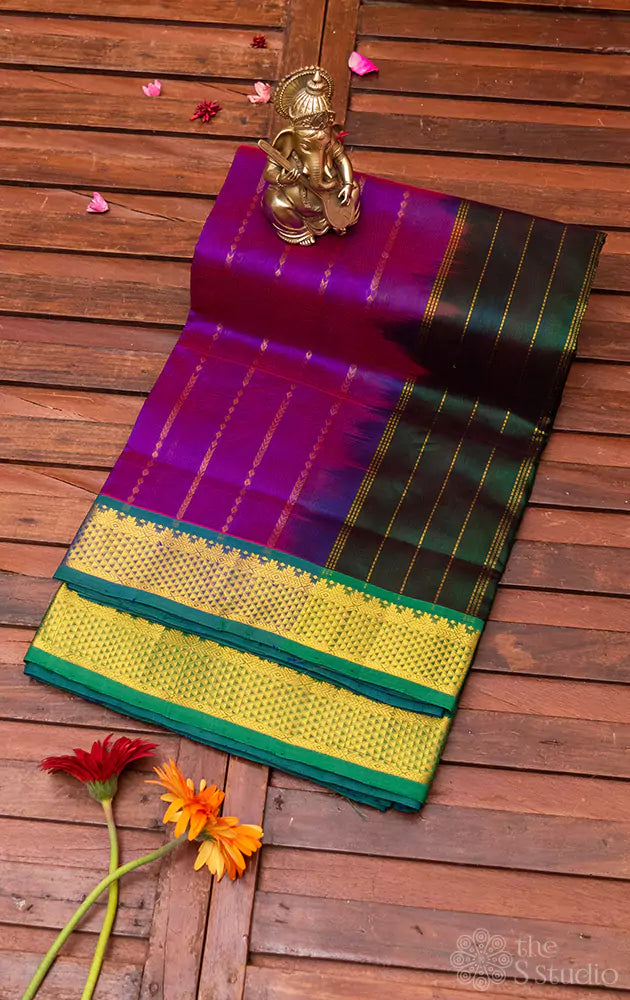 Purple silk cotton nine yards saree with greenish pallu