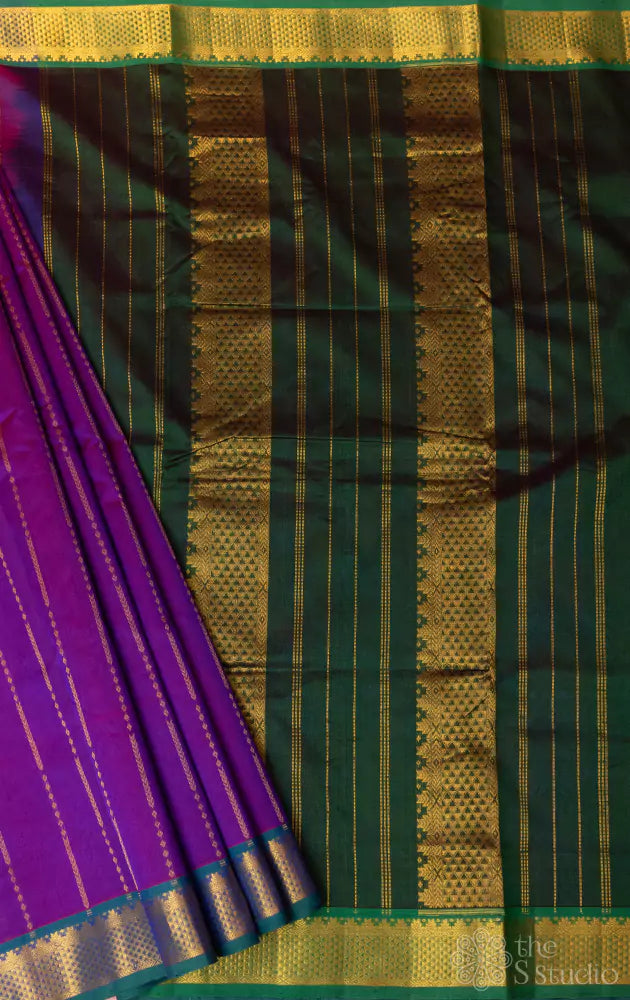 Purple silk cotton ten yards saree with greenish pallu