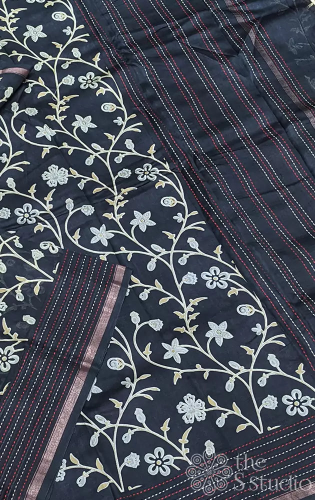 Black chanderi cotton saree with floral prints and kantha embroidery