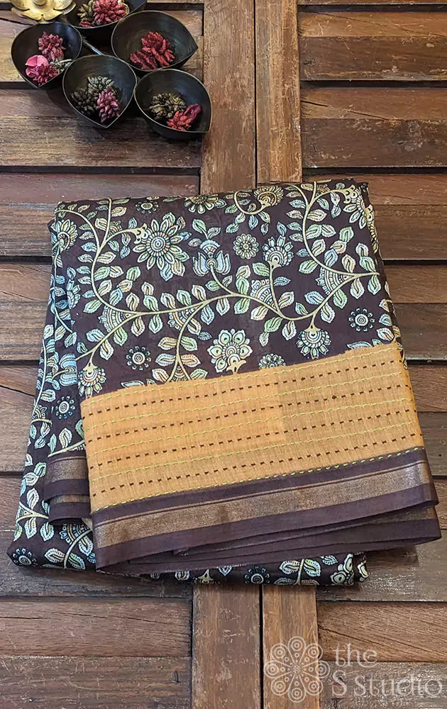 Brown chanderi cotton saree with floral prints and kantha embroidery