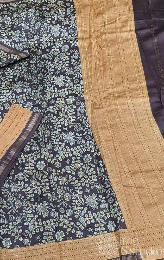 Brown chanderi cotton saree with floral prints and kantha embroidery