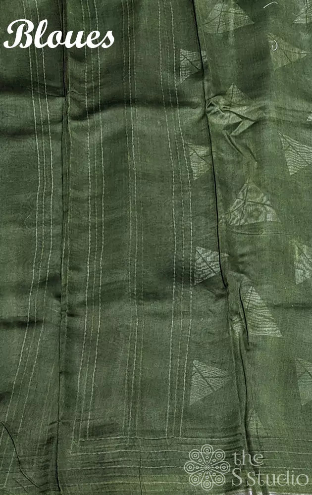Mint green chanderi cotton saree with triangular prints and kantha embroidery