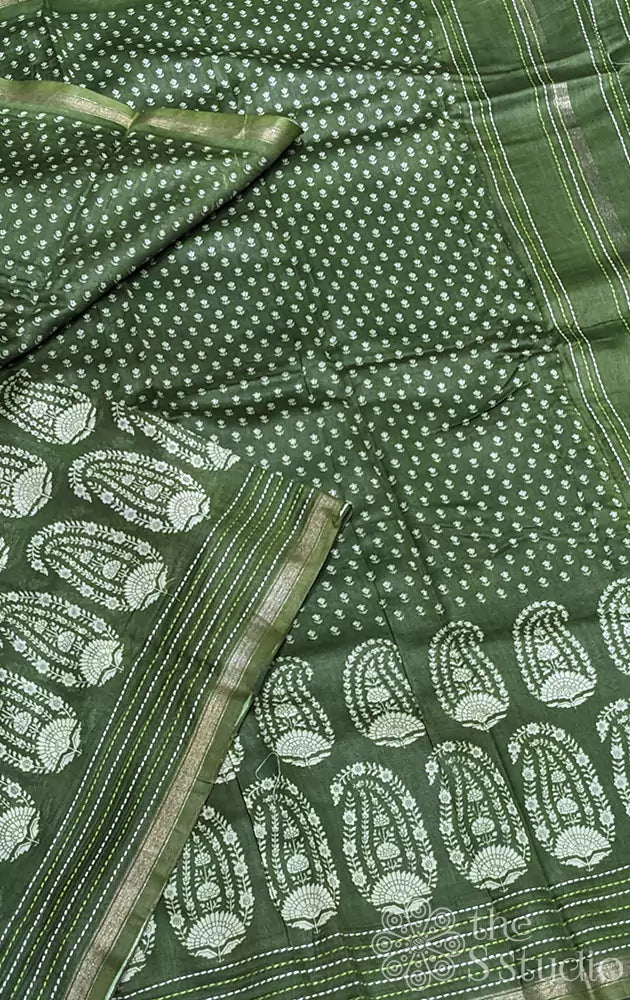 Methi green  chanderi cotton with prints and kantha embroidery on border