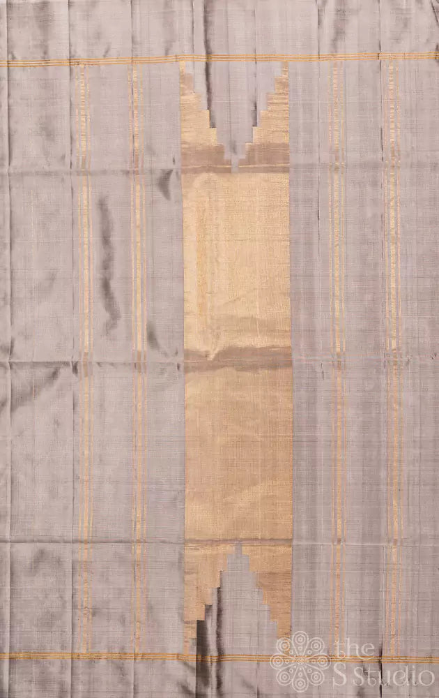 Grey plain soft silk saree with zari pallu