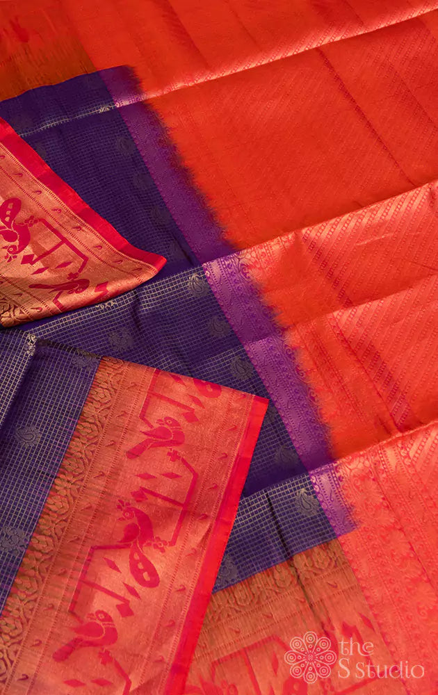 Deep blue soft silk saree with paithani border