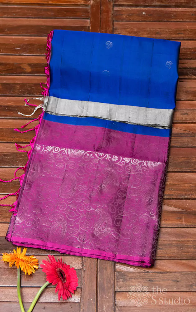 Royal blue soft silk saree with long border