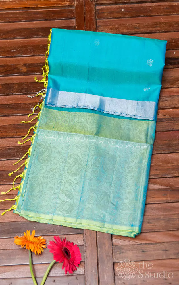 Greenish blue soft silk saree with long border