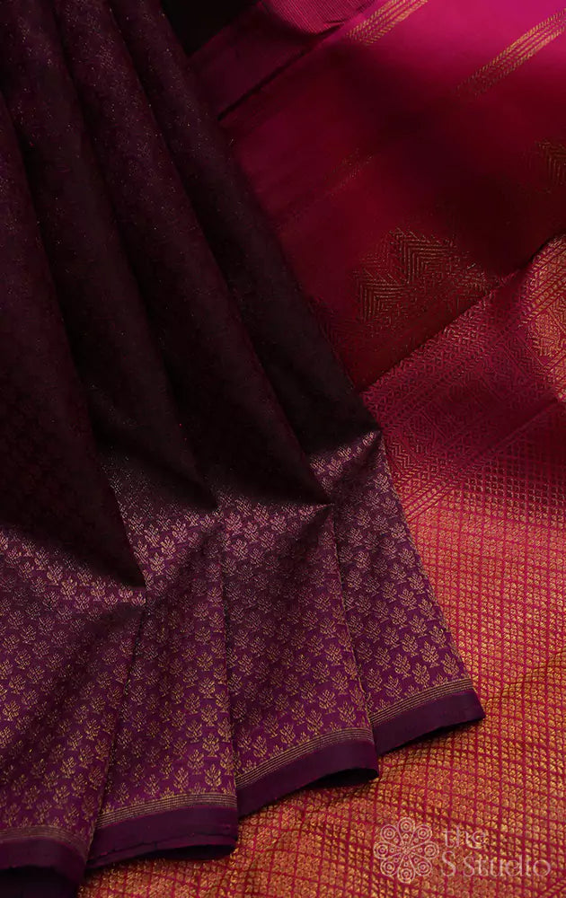 Magenta kanjivaram saree with buttas and contrast pallu