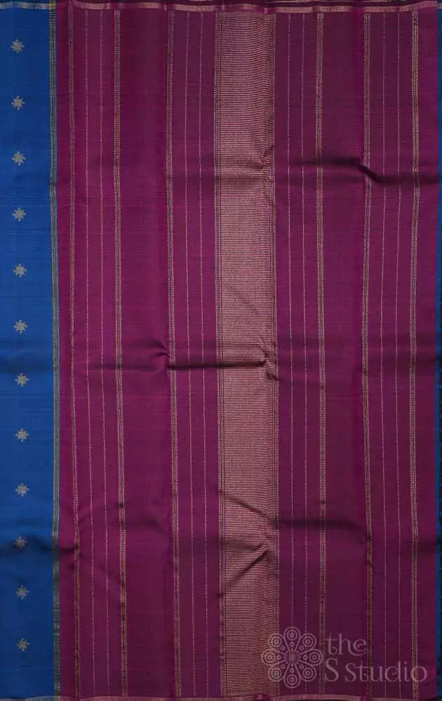 Peacock blue kanchi silk saree with purple pallu