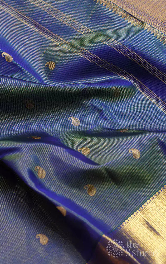 Peacock blue vaira oosi silk saree with mango buttas