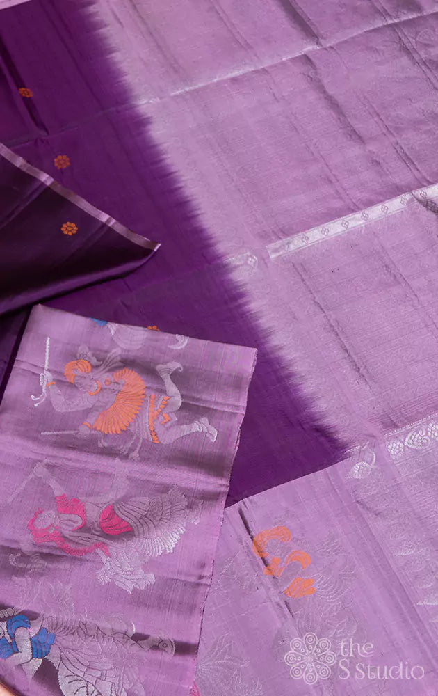 Deep purple soft silk saree with dancers motifs on border