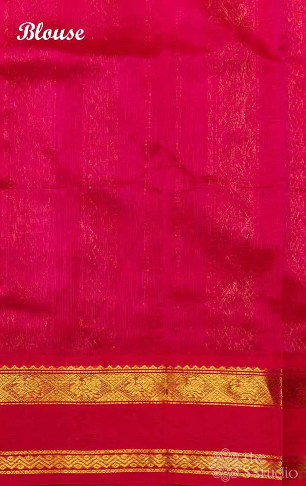 Yellow silk cotton saree with block print and red border