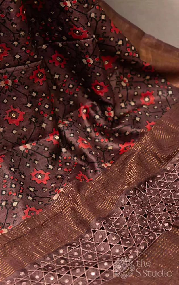 Brown patola printed tussar saree with cutwork pallu