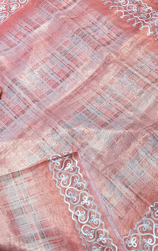 Peach tissue semi silk embroidered saree