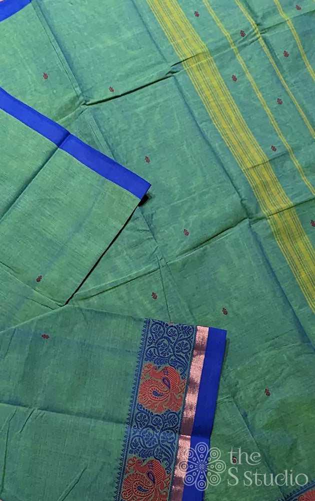 Green kanchi cotton saree with peacock motifs border