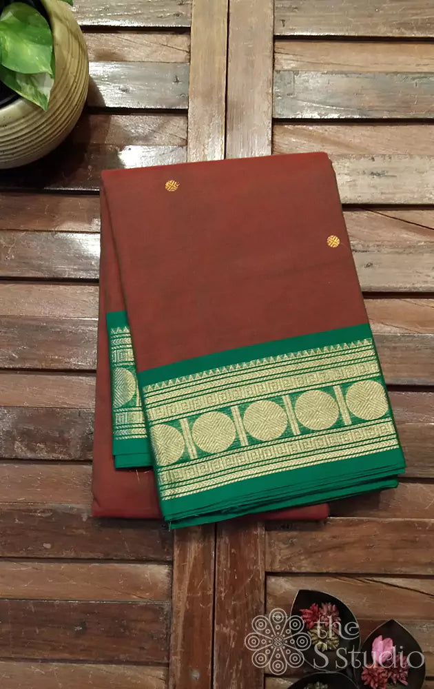 Brown kanchi cotton saree with green border 