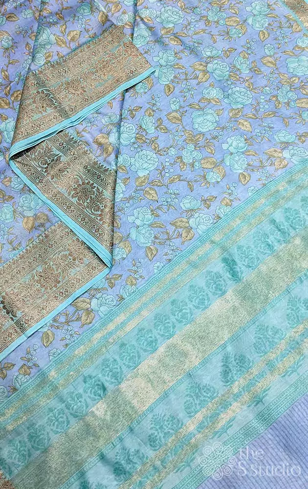 Powder blue chanderi cotton saree with antique border