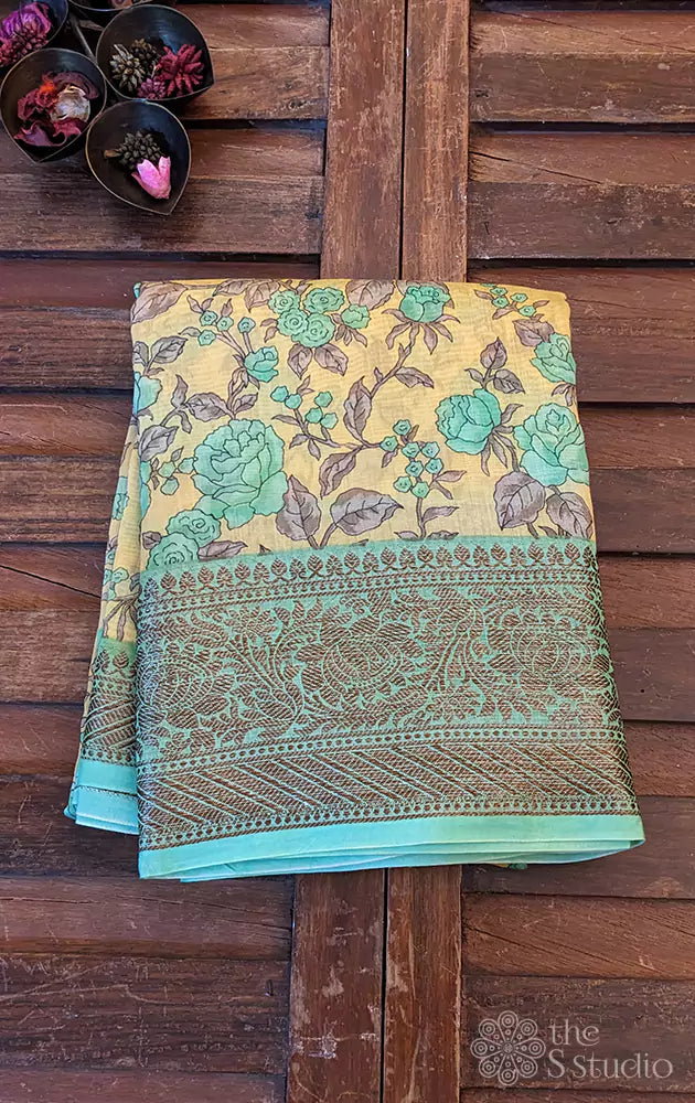 Light yellow chanderi cotton saree with antique border
