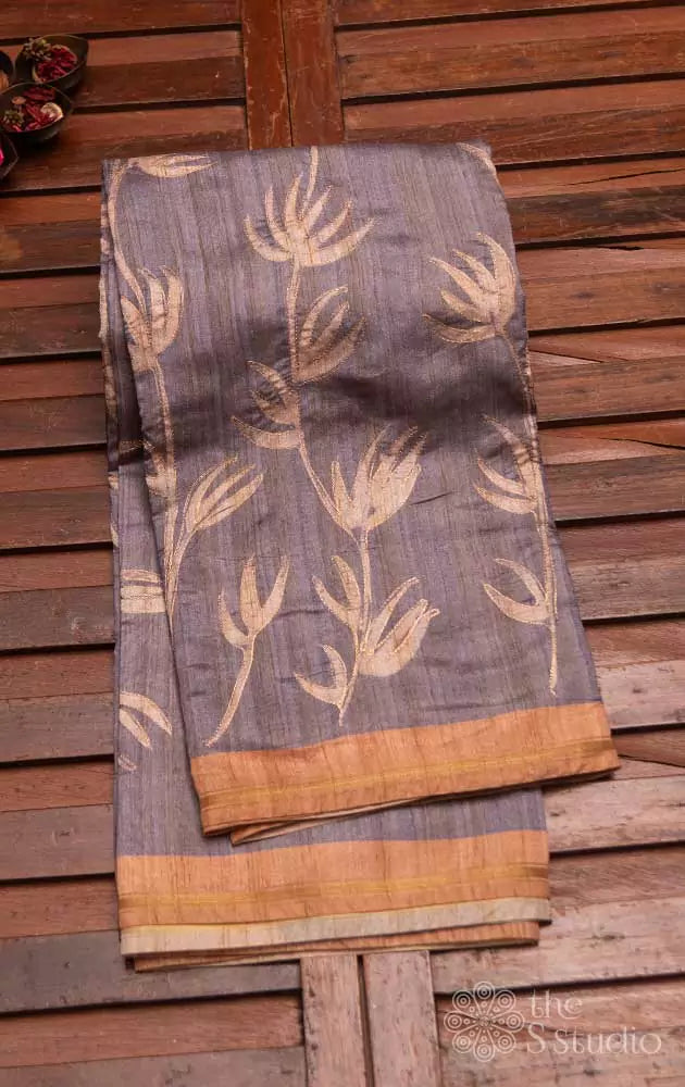 Grey semi tussar saree with embroidery