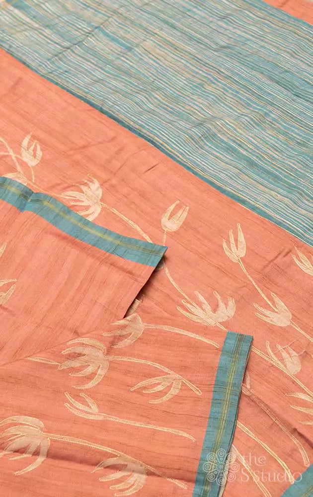 Light peach semi tussar saree with embroidery