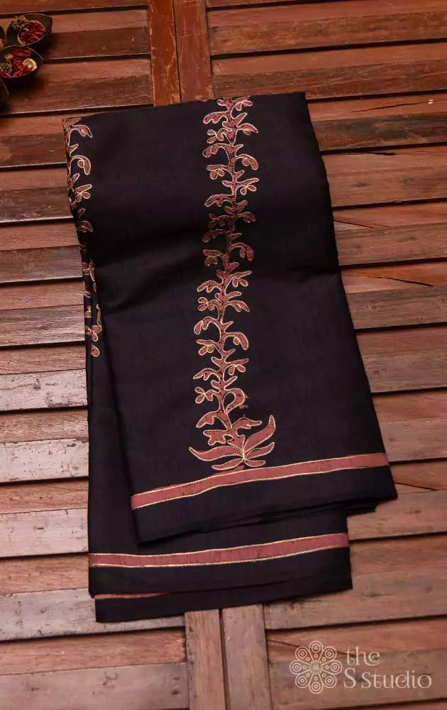 Black embroidered semi tussar saree with prints