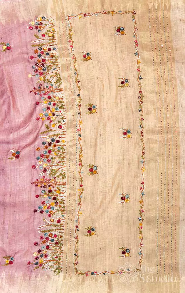 Onion pink tussar saree with hand embroidery