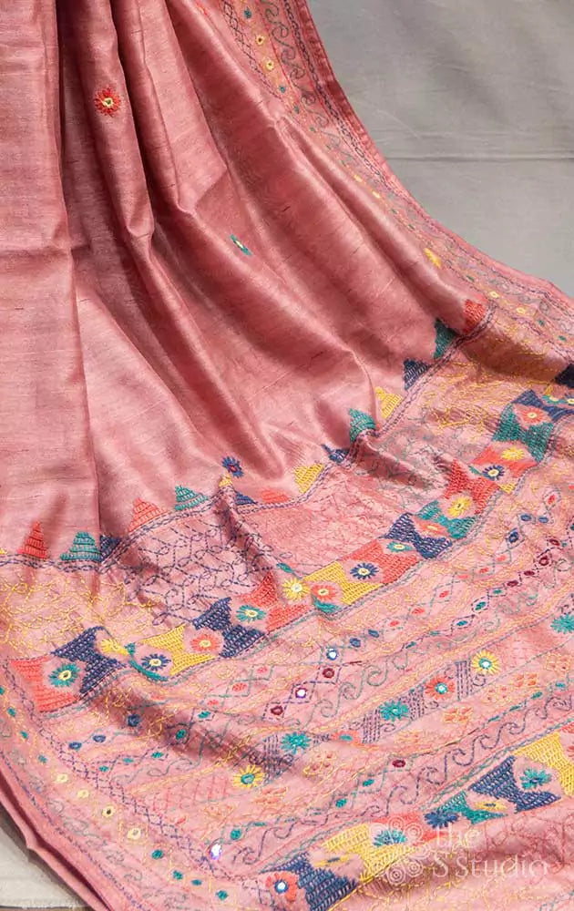 Onion pink tussar saree with multi colour hand embroidery