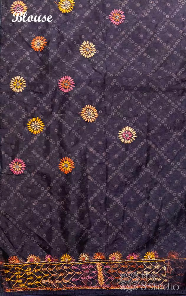 Blue organza saree with bandhani prints and embroidery border