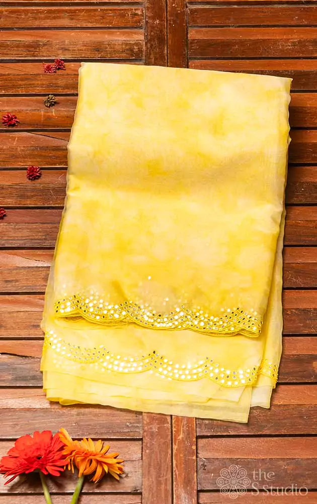 Yellow lehariya design pure organza saree with embroidery