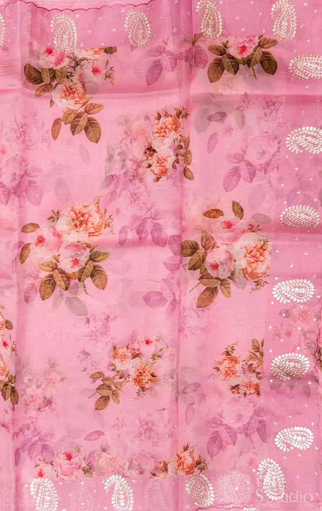 Lotus pink printed  pure organza saree with embroidery