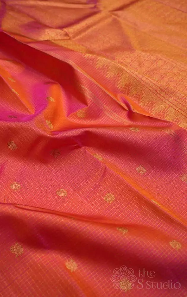 Peach kanjivaram saree with small zari checks