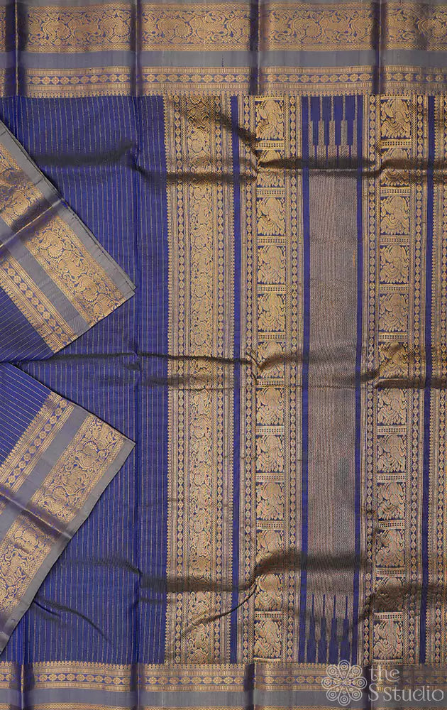 Powder blue kanchipuram silk saree with zari vertical lines and grey border