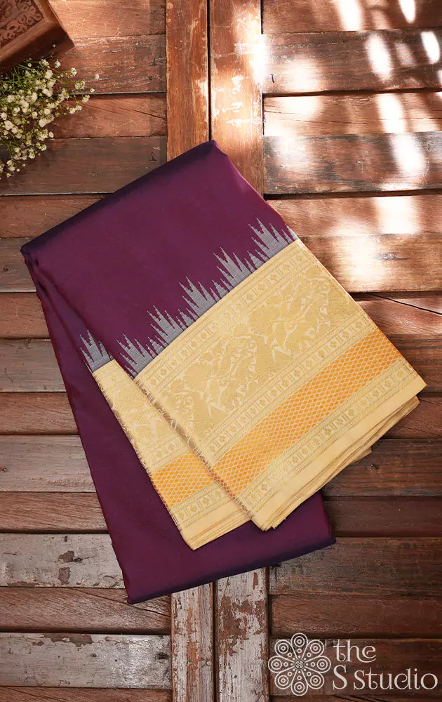 Brown kanchi silk saree with korvai Off white border