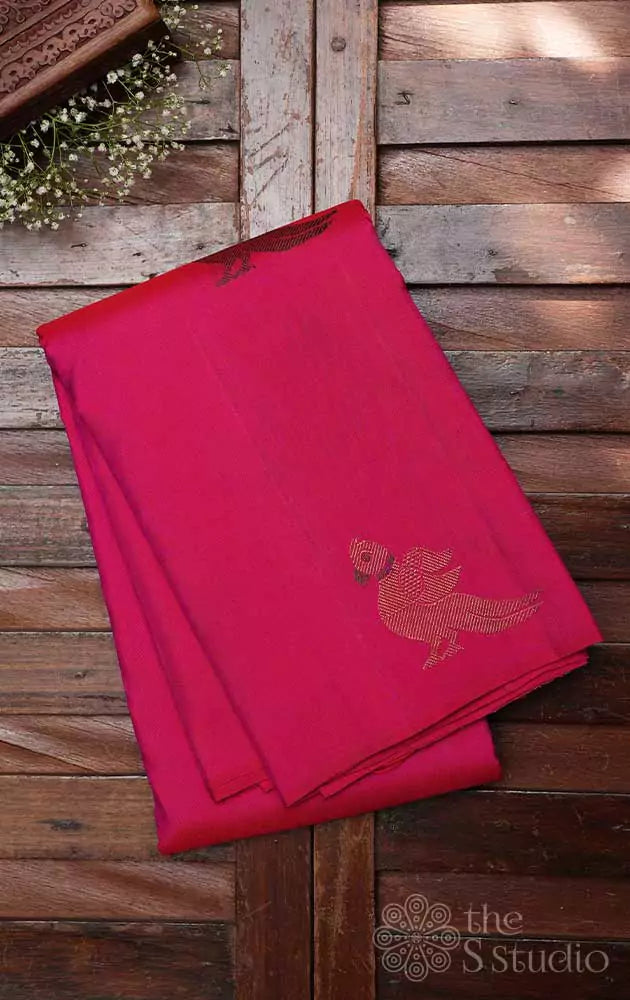 Bright rani pink kanchi silk saree with kili motifs all over