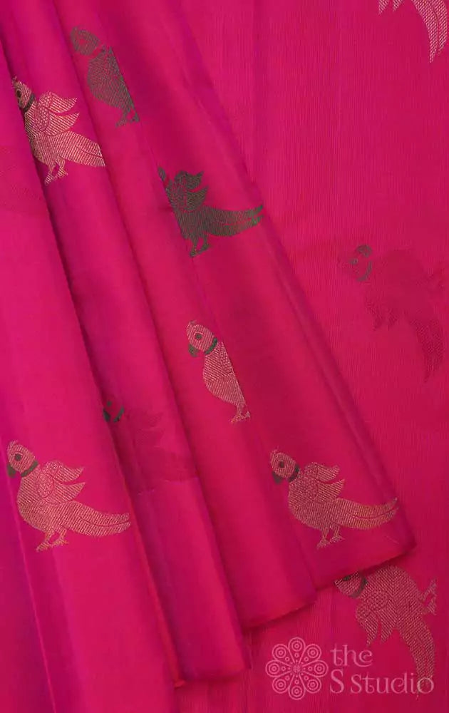 Bright rani pink kanchi silk saree with kili motifs all over